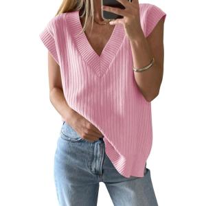 Saodimallsu Womens V Neck Sweater Vest Oversized Ribbed Knit Sleeveless Casual Loose Fit Pullover Tank Top(Pink)