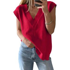 Saodimallsu Womens V Neck Sweater Vest Oversized Ribbed Knit Sleeveless Casual Loose Fit Pullover Tank Top(Red)