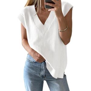 Saodimallsu Womens V Neck Sweater Vest Oversized Ribbed Knit Sleeveless Casual Loose Fit Pullover Tank Top(White)