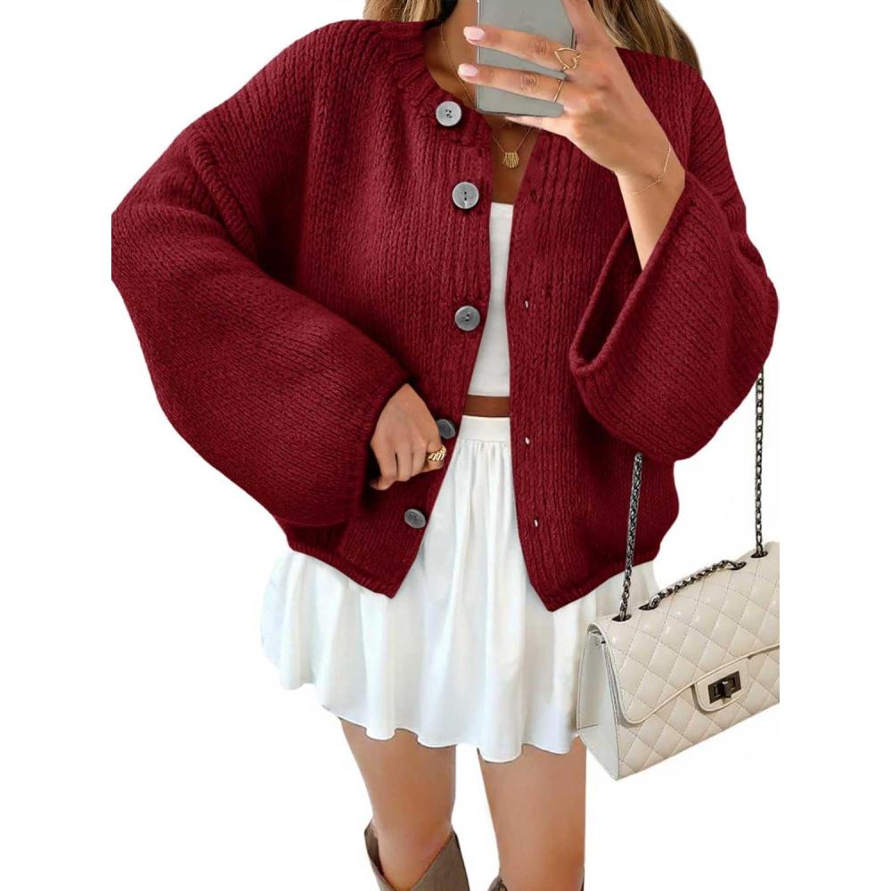 imageSaodimallsu Women 2025 Oversized Button Down Cardigan Chunky Knit Long Sleeve SweaterWine Red