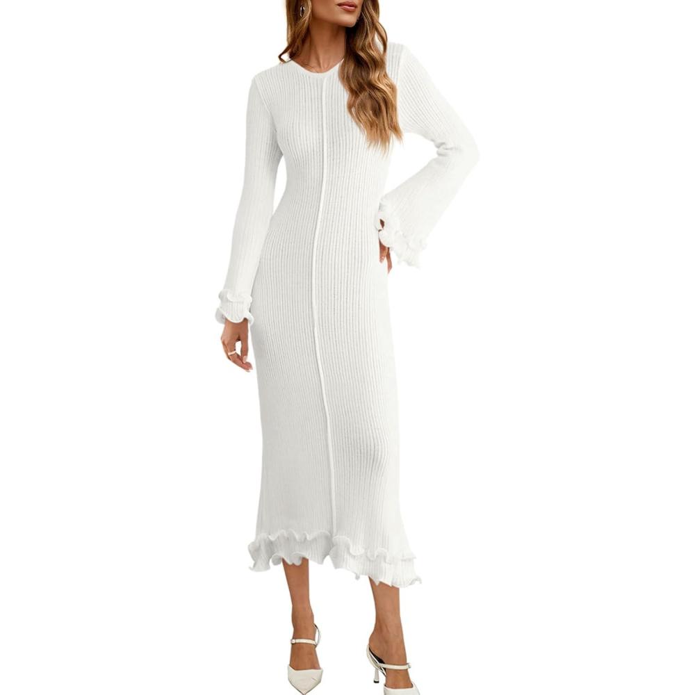 imageSaodimallsu Womens Bell Long Sleeve Knit Dress Ruffle Bodycon Ribbed Cocktail Party Crew Neck Midi Sweater DressesWhite