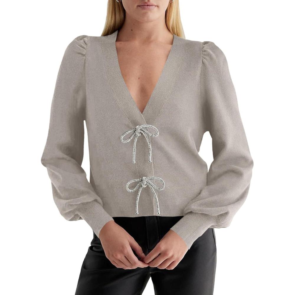 imageSaodimallsu Womens Bow Button Front Cardigan Sweaters V Neck Cropped Knit SweaterApricot