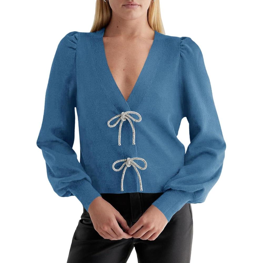imageSaodimallsu Womens Bow Button Front Cardigan Sweaters V Neck Cropped Knit SweaterBlue