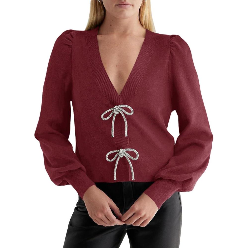 imageSaodimallsu Womens Bow Button Front Cardigan Sweaters V Neck Cropped Knit SweaterBurgundy