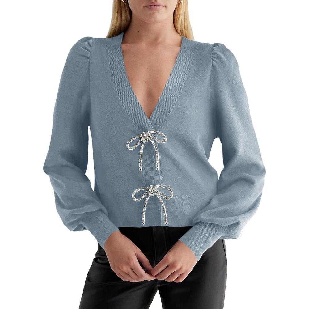 imageSaodimallsu Womens Bow Button Front Cardigan Sweaters V Neck Cropped Knit SweaterGrey
