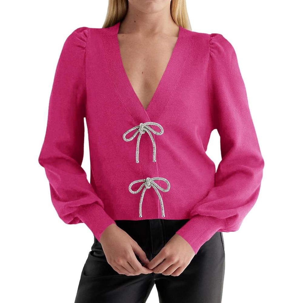 imageSaodimallsu Womens Bow Button Front Cardigan Sweaters V Neck Cropped Knit SweaterRose Red
