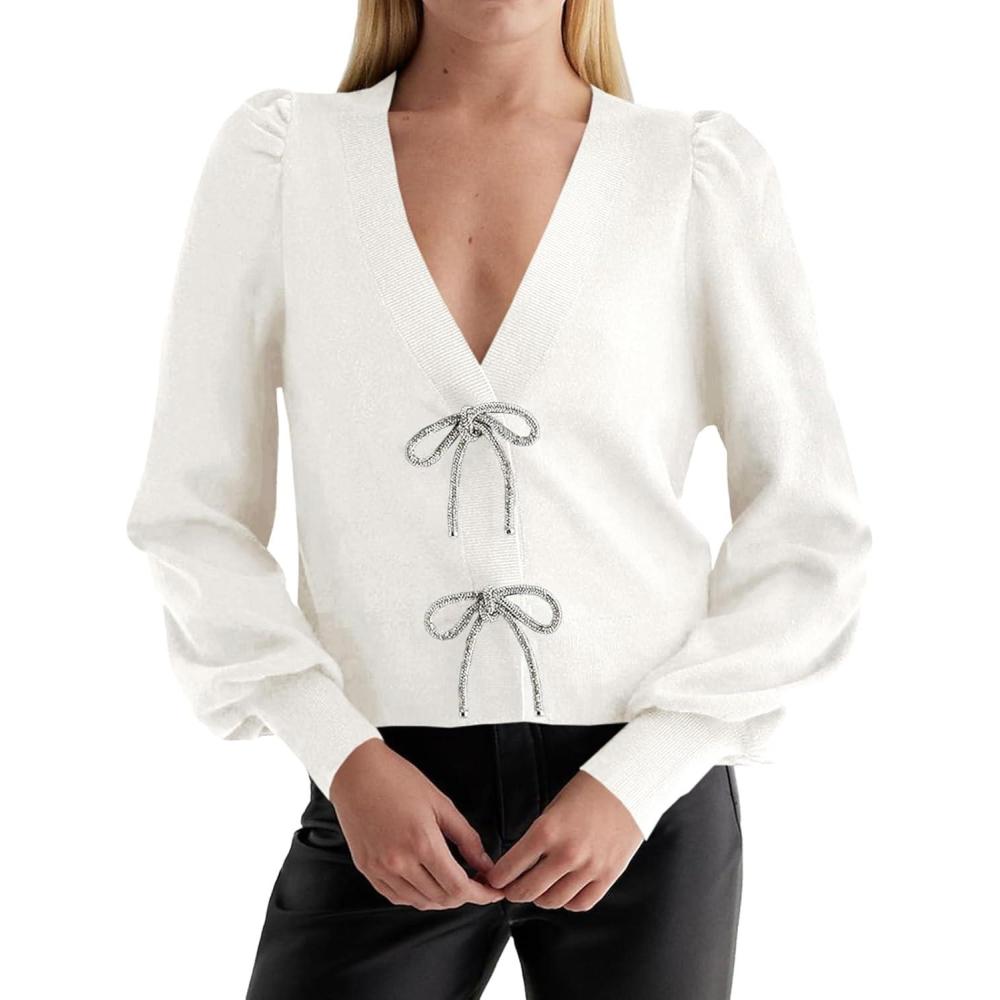 imageSaodimallsu Womens Bow Button Front Cardigan Sweaters V Neck Cropped Knit SweaterWhite