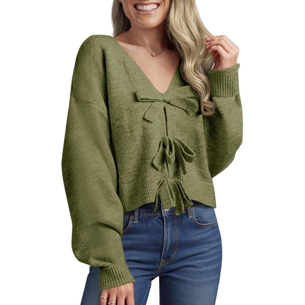 imageSaodimallsu Womens Bow Sweater Cropped V Neck Long Sleeve Fall Cozy Knit Loose Trendy Pullover SweatersArmy Green