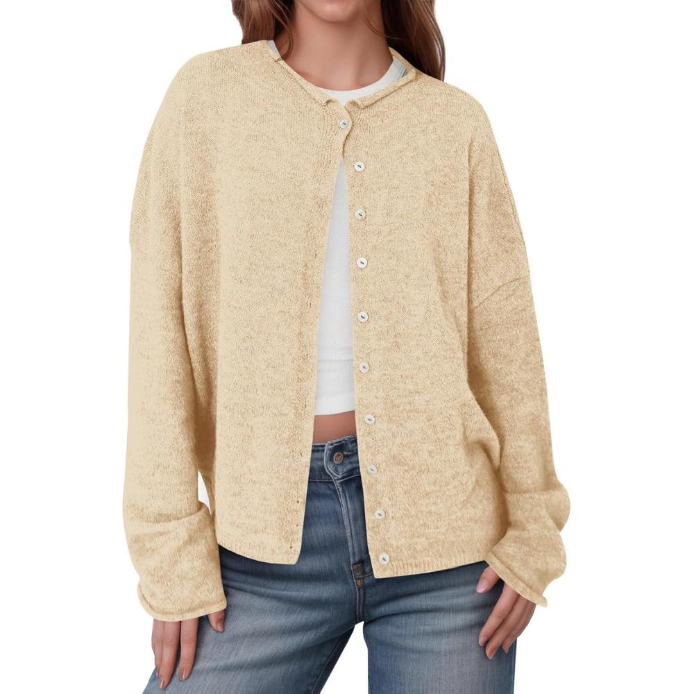 imageSaodimallsu Womens Button Up Cardigan Sweaters Long Sleeve Crew Neck Fall Soft Lightweight Knit Loose Sweater TopsApricot