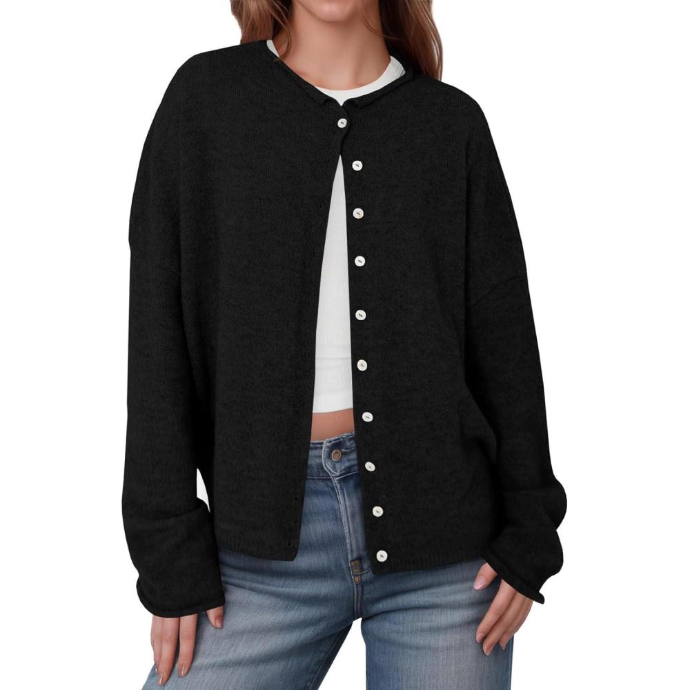imageSaodimallsu Womens Button Up Cardigan Sweaters Long Sleeve Crew Neck Fall Soft Lightweight Knit Loose Sweater TopsBlack