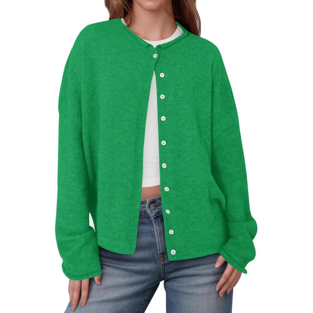 imageSaodimallsu Womens Button Up Cardigan Sweaters Long Sleeve Crew Neck Fall Soft Lightweight Knit Loose Sweater TopsGreen