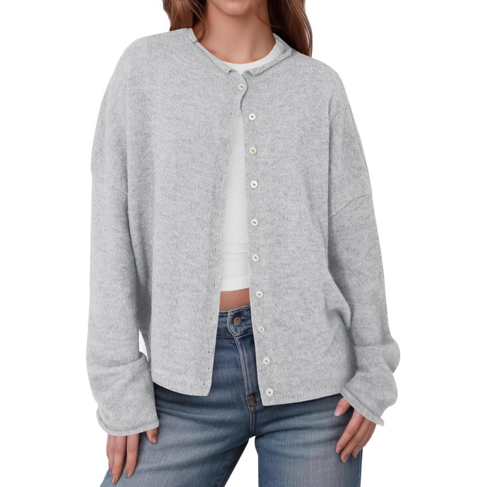 imageSaodimallsu Womens Button Up Cardigan Sweaters Long Sleeve Crew Neck Fall Soft Lightweight Knit Loose Sweater TopsLight Grey