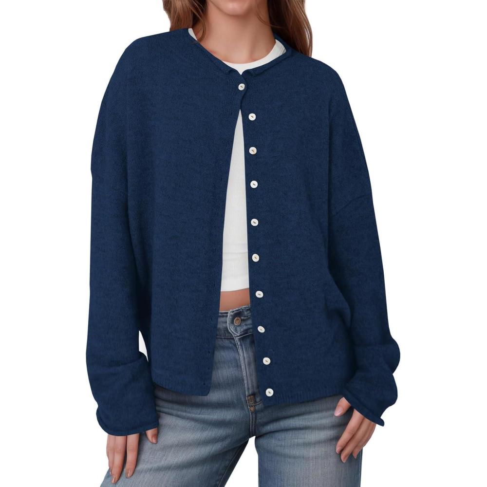 imageSaodimallsu Womens Button Up Cardigan Sweaters Long Sleeve Crew Neck Fall Soft Lightweight Knit Loose Sweater TopsNavy