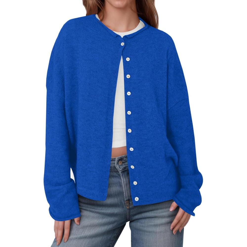 imageSaodimallsu Womens Button Up Cardigan Sweaters Long Sleeve Crew Neck Fall Soft Lightweight Knit Loose Sweater TopsRoyal Blue