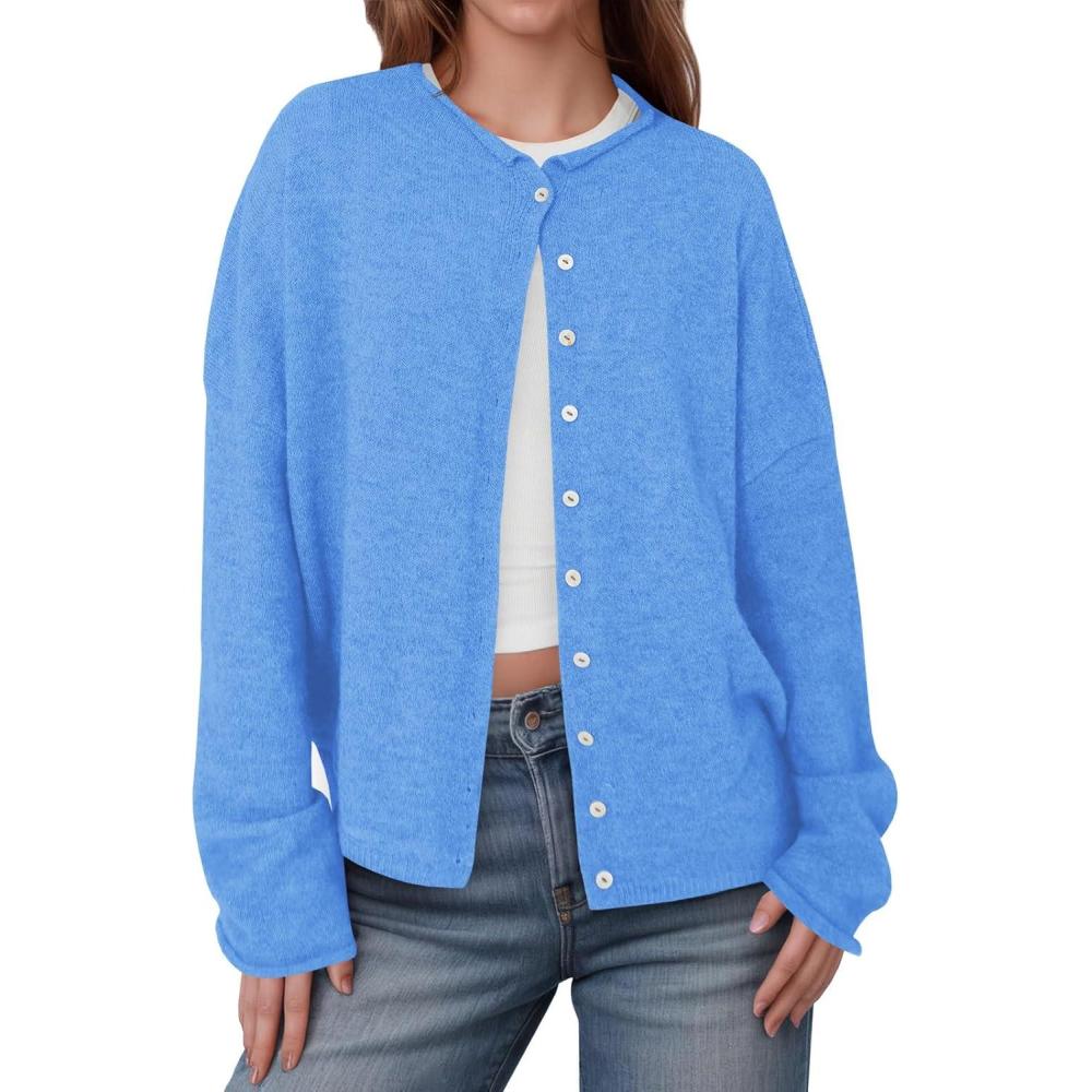 imageSaodimallsu Womens Button Up Cardigan Sweaters Long Sleeve Crew Neck Fall Soft Lightweight Knit Loose Sweater TopsSky Blue