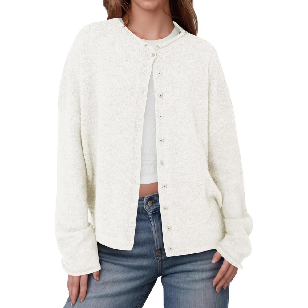 imageSaodimallsu Womens Button Up Cardigan Sweaters Long Sleeve Crew Neck Fall Soft Lightweight Knit Loose Sweater TopsWhite