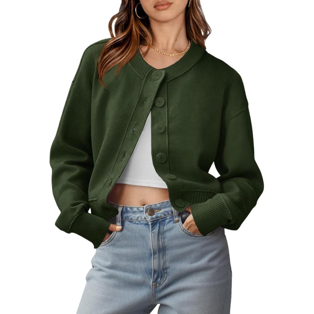 imageSaodimallsu Womens Button Up Cardigans Fall Trendy Crew Neck Long Sleeve Knit Cropped Sweater JacketArmy Green