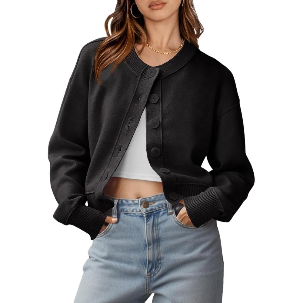 imageSaodimallsu Womens Button Up Cardigans Fall Trendy Crew Neck Long Sleeve Knit Cropped Sweater JacketBlack