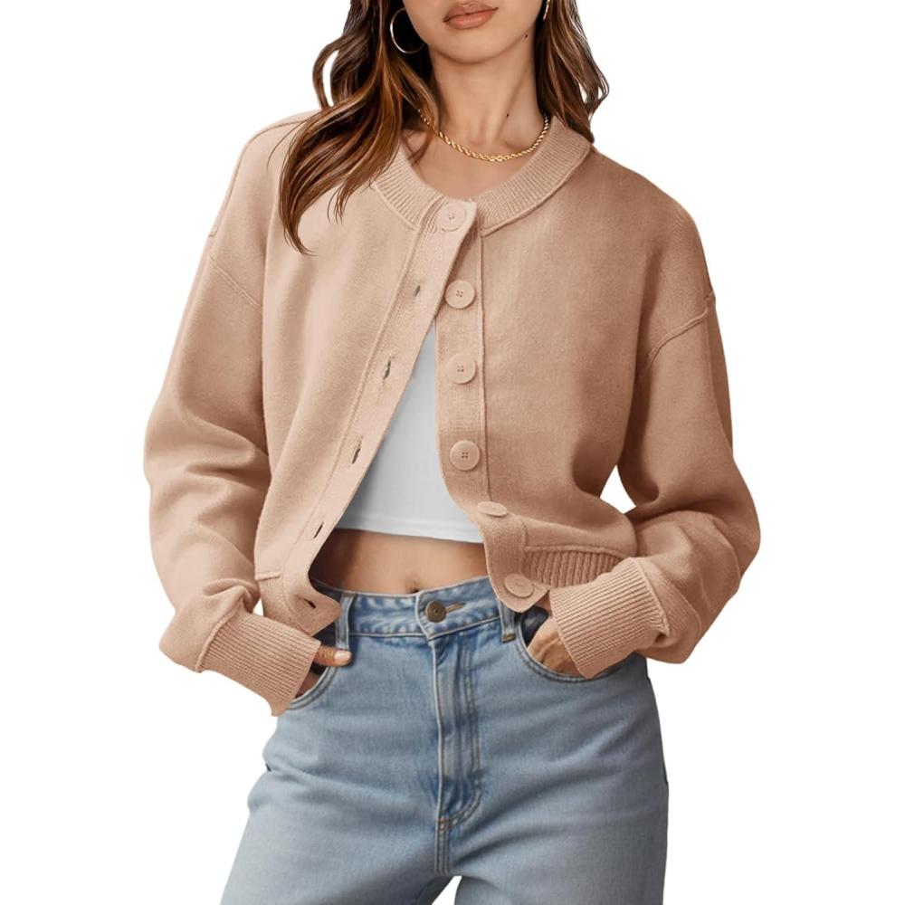 imageSaodimallsu Womens Button Up Cardigans Fall Trendy Crew Neck Long Sleeve Knit Cropped Sweater JacketKhaki