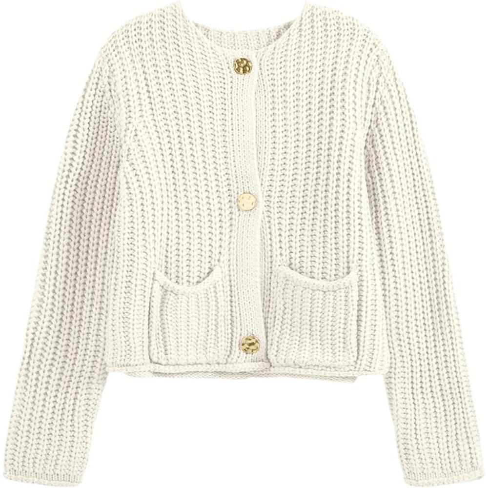 imageSaodimallsu Womens Button Up Sweaters Fall Chunky Knit Cropped Trendy Crewneck Loose Cardigan with PocketsBeige