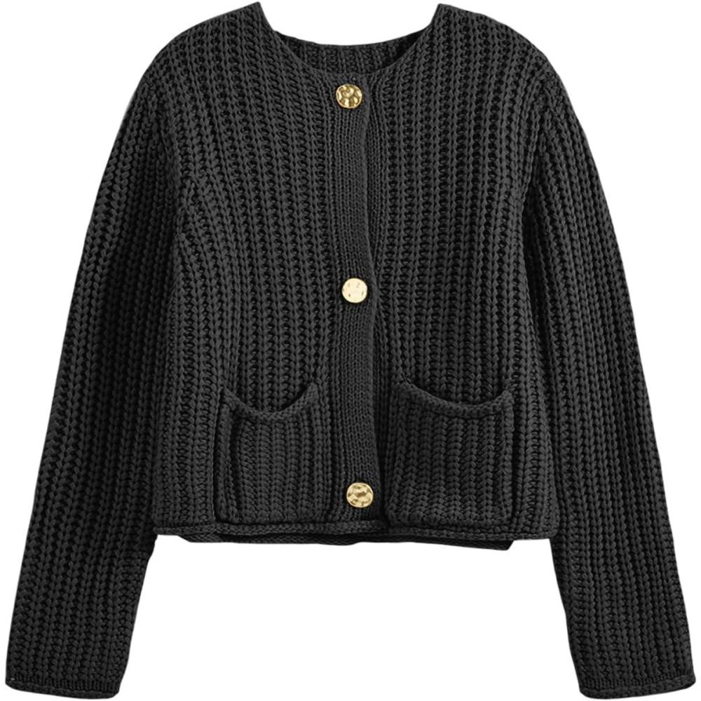 imageSaodimallsu Womens Button Up Sweaters Fall Chunky Knit Cropped Trendy Crewneck Loose Cardigan with PocketsBlack