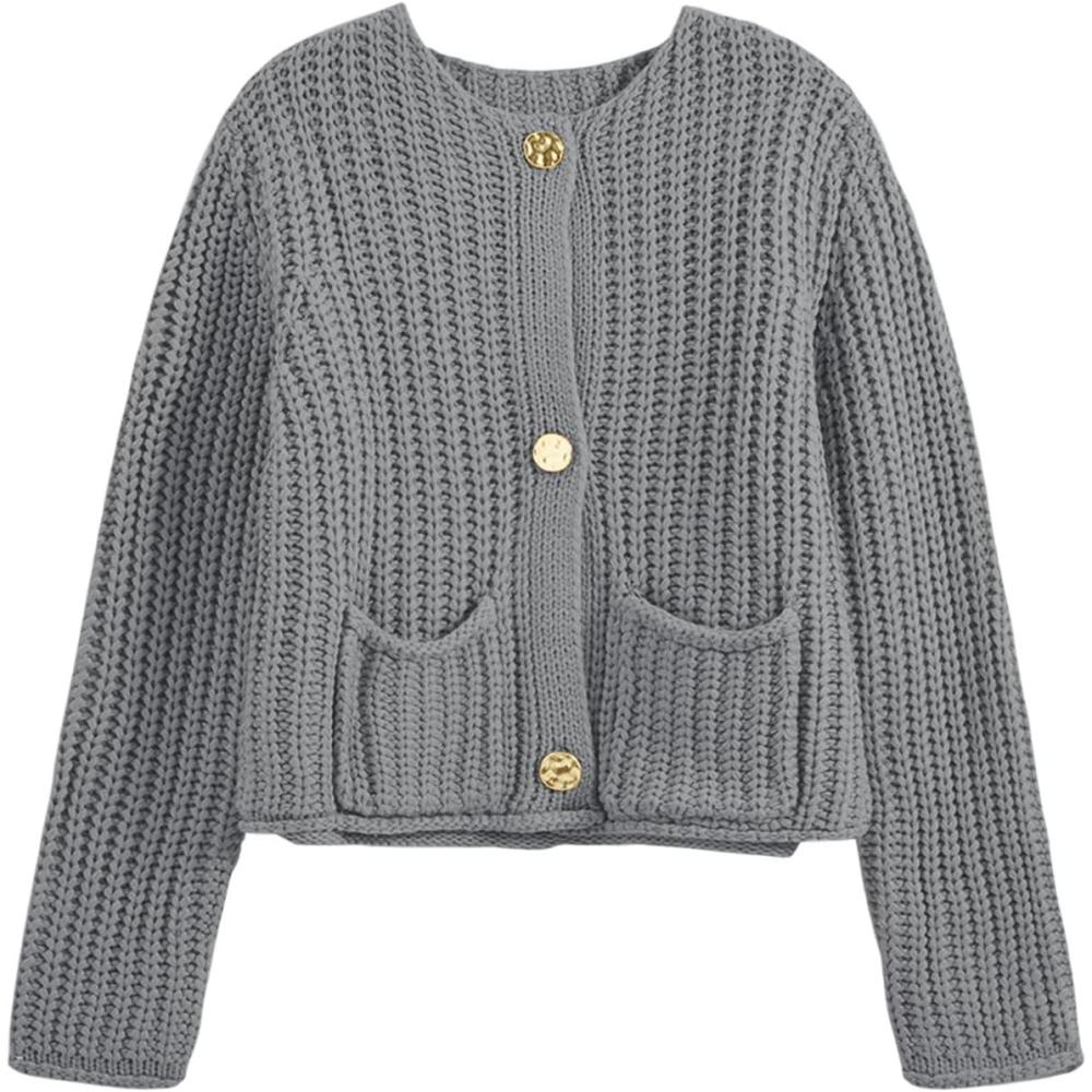 imageSaodimallsu Womens Button Up Sweaters Fall Chunky Knit Cropped Trendy Crewneck Loose Cardigan with PocketsGrey