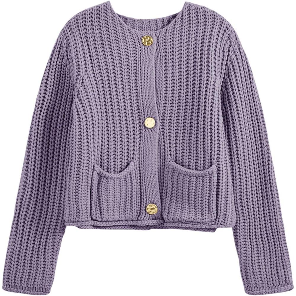 imageSaodimallsu Womens Button Up Sweaters Fall Chunky Knit Cropped Trendy Crewneck Loose Cardigan with PocketsLight Purple
