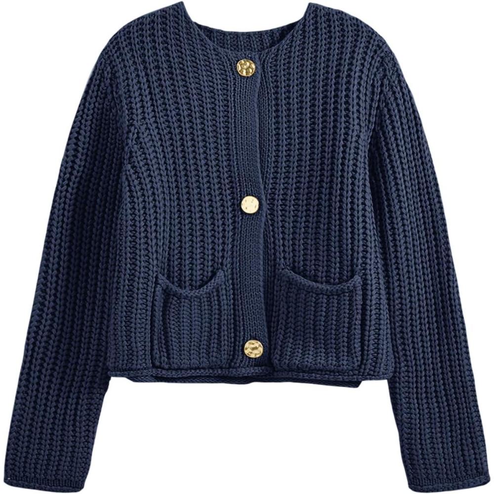 imageSaodimallsu Womens Button Up Sweaters Fall Chunky Knit Cropped Trendy Crewneck Loose Cardigan with PocketsNavy