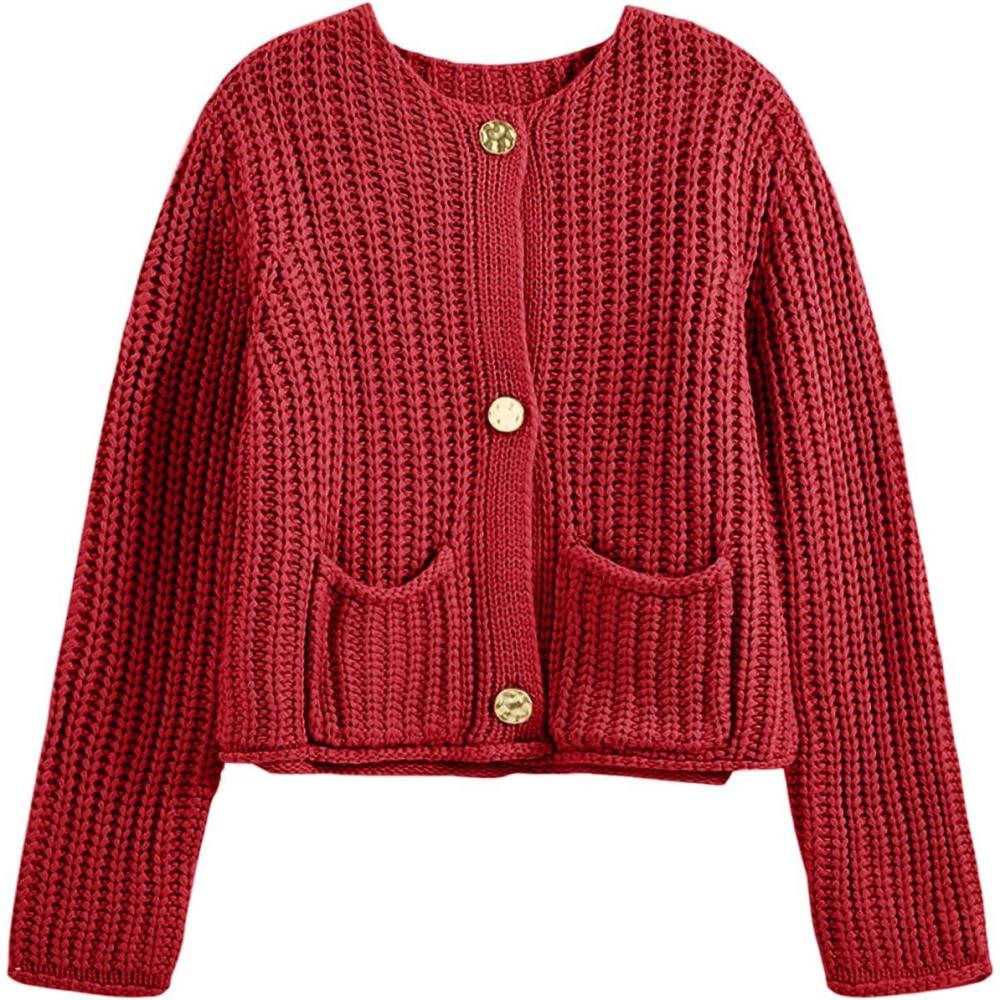 imageSaodimallsu Womens Button Up Sweaters Fall Chunky Knit Cropped Trendy Crewneck Loose Cardigan with PocketsRed