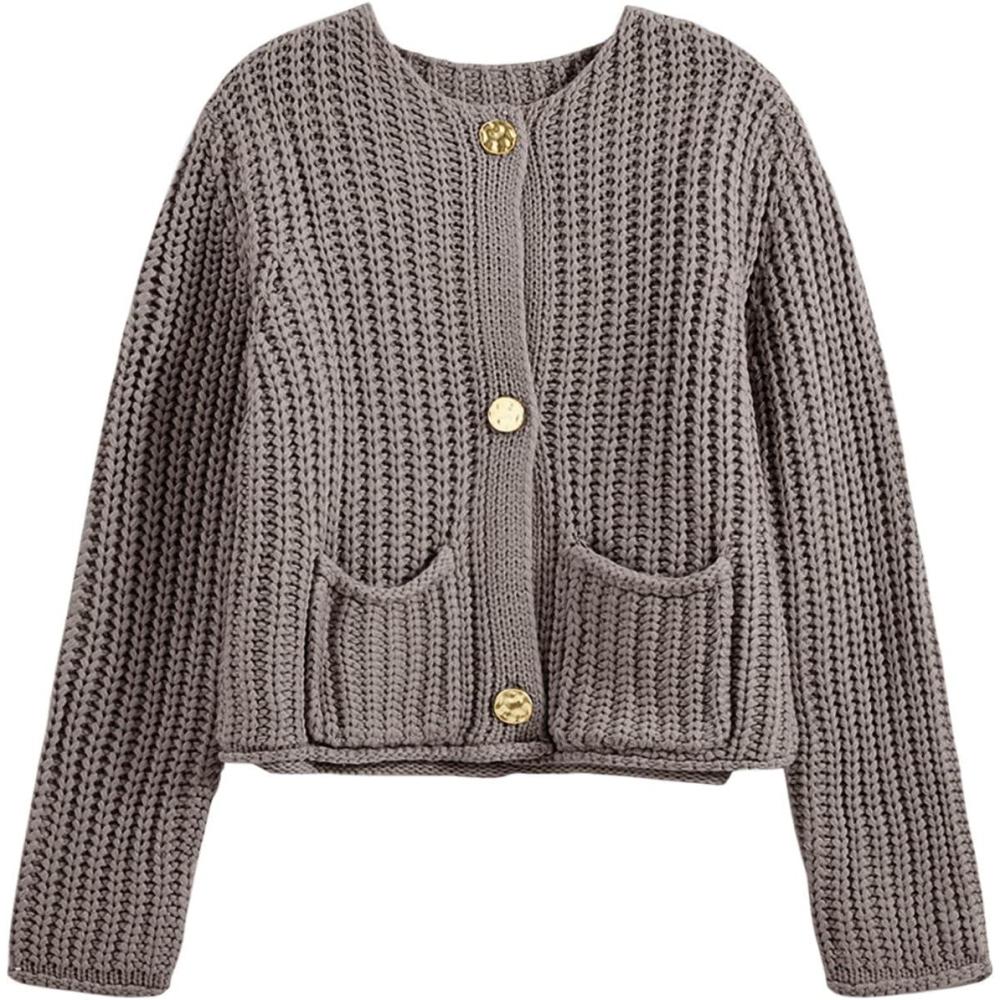 imageSaodimallsu Womens Button Up Sweaters Fall Chunky Knit Cropped Trendy Crewneck Loose Cardigan with PocketsTaupe