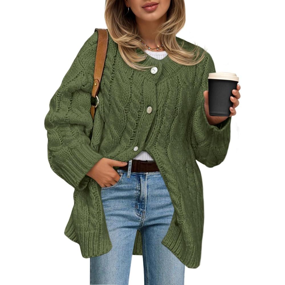 imageSaodimallsu Womens Cable Knit Cardigan Sweaters Chunky Button Up Long Sleeve Crew Neck Warm Loose Sweater DressArmy Green