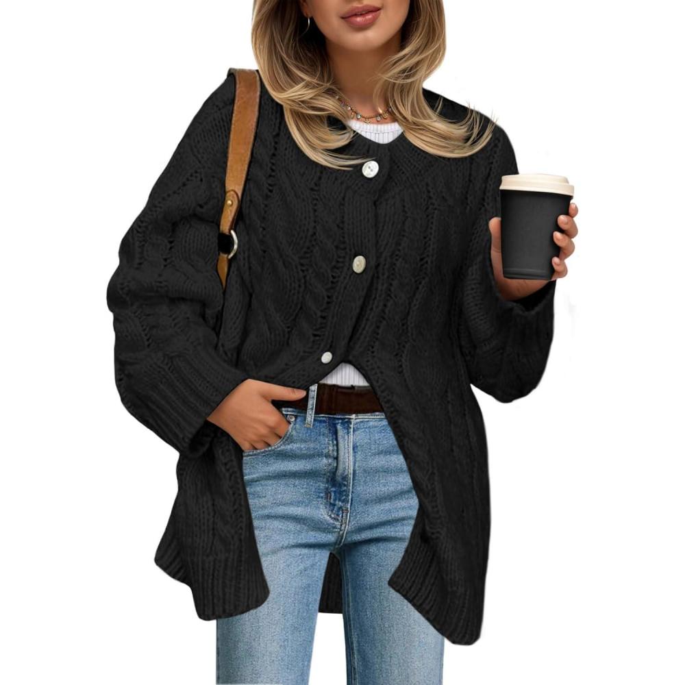 imageSaodimallsu Womens Cable Knit Cardigan Sweaters Chunky Button Up Long Sleeve Crew Neck Warm Loose Sweater DressBlack