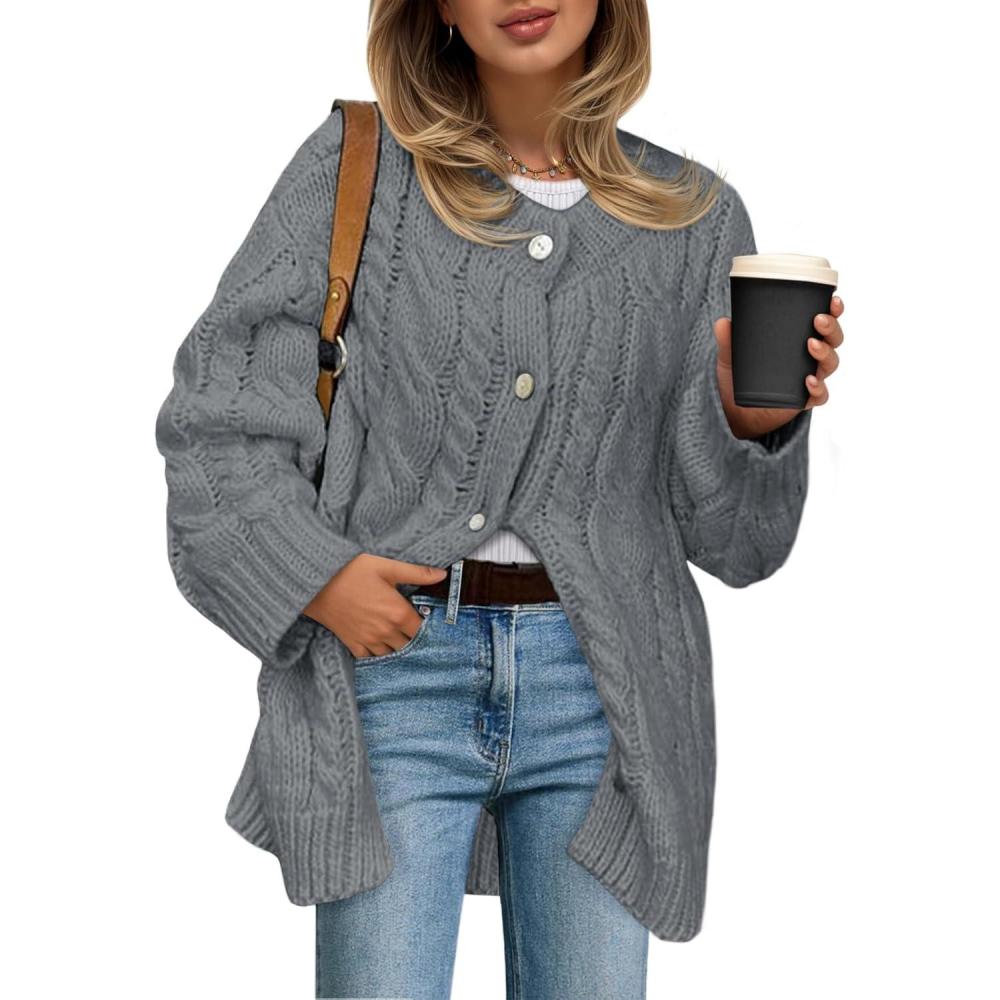 imageSaodimallsu Womens Cable Knit Cardigan Sweaters Chunky Button Up Long Sleeve Crew Neck Warm Loose Sweater DressGrey