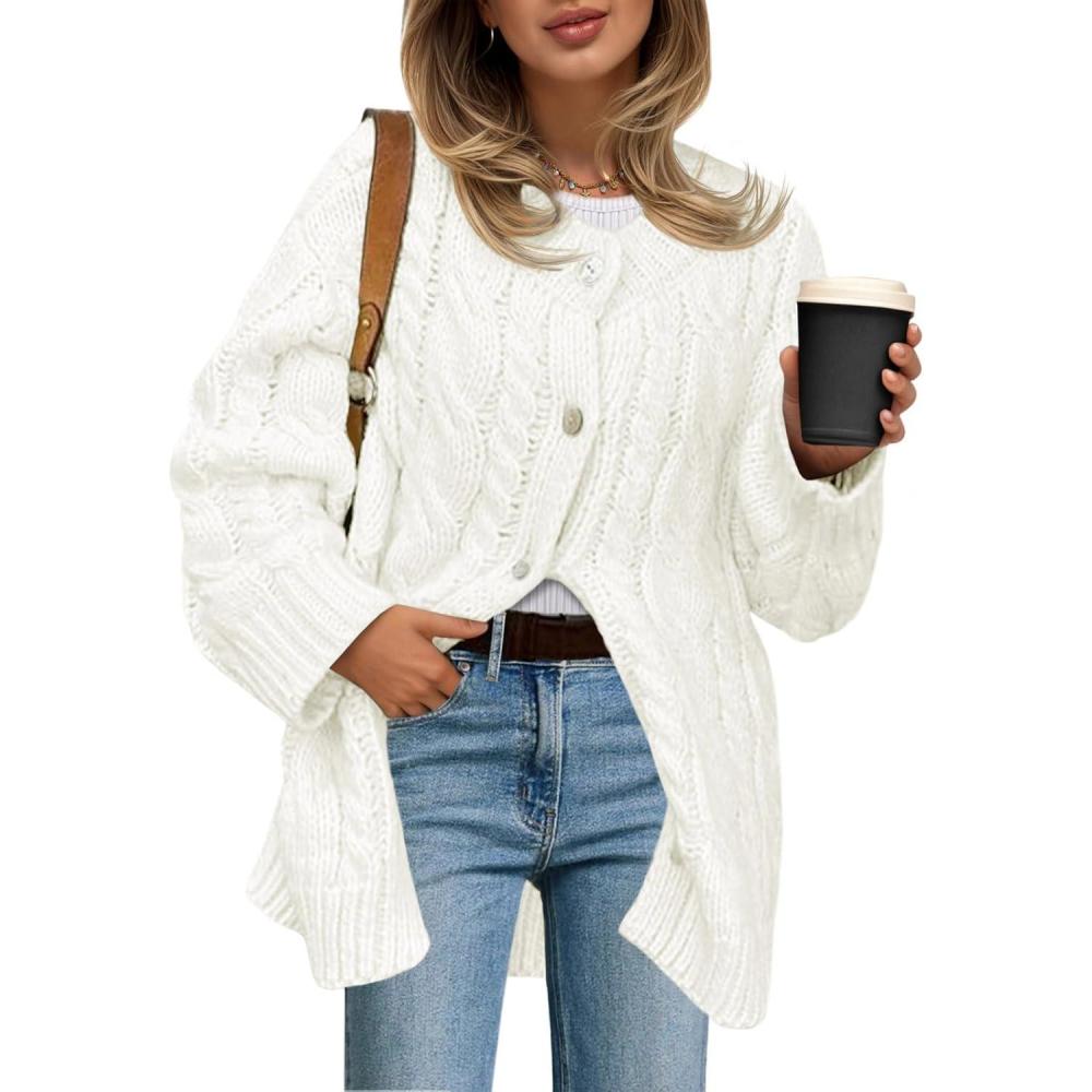 imageSaodimallsu Womens Cable Knit Cardigan Sweaters Chunky Button Up Long Sleeve Crew Neck Warm Loose Sweater DressWhite
