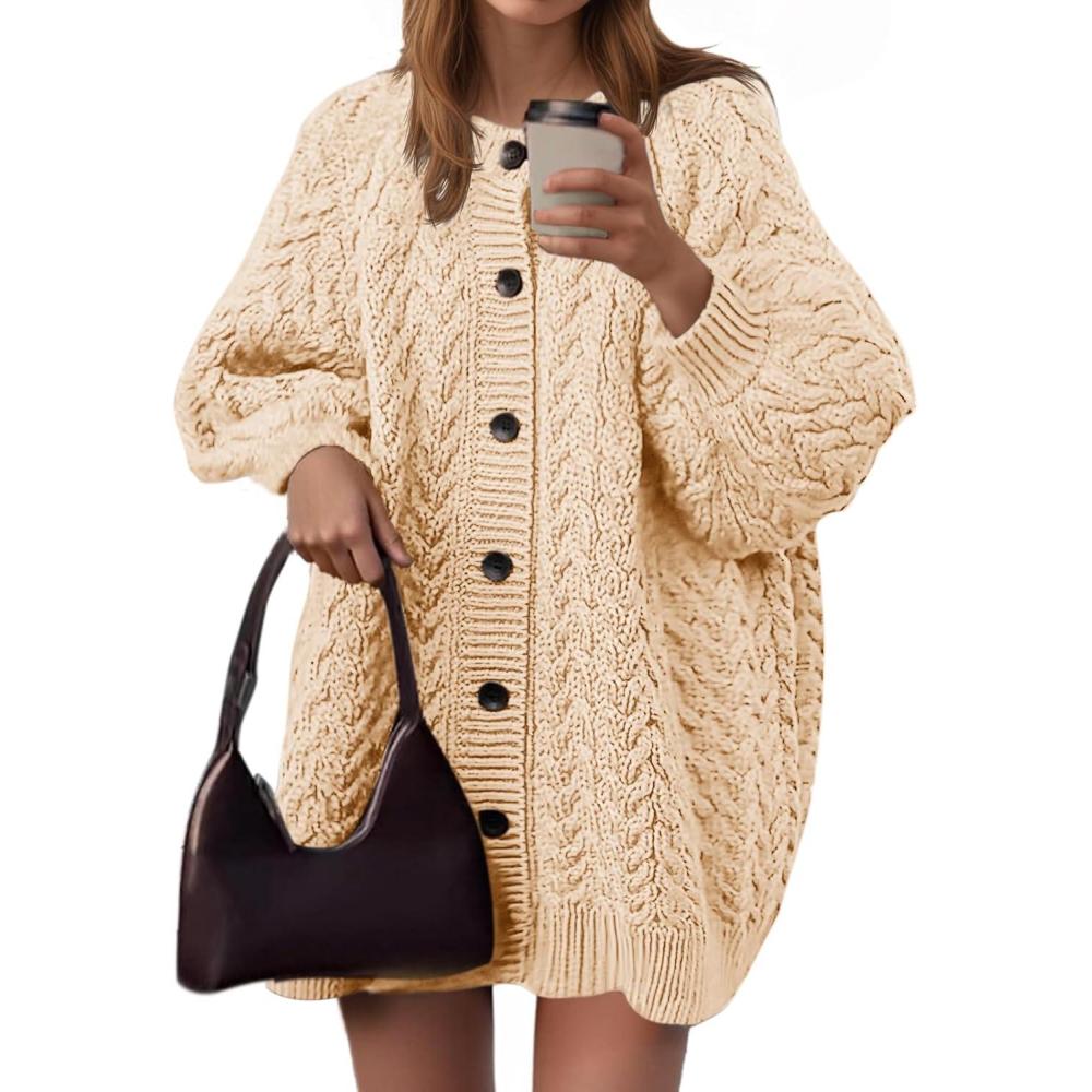 imageSaodimallsu Womens Cable Knit Cardigans Oversized Chunky Button Down Long Lantern Sleeve Crew Neck Warm Sweater DressApricot