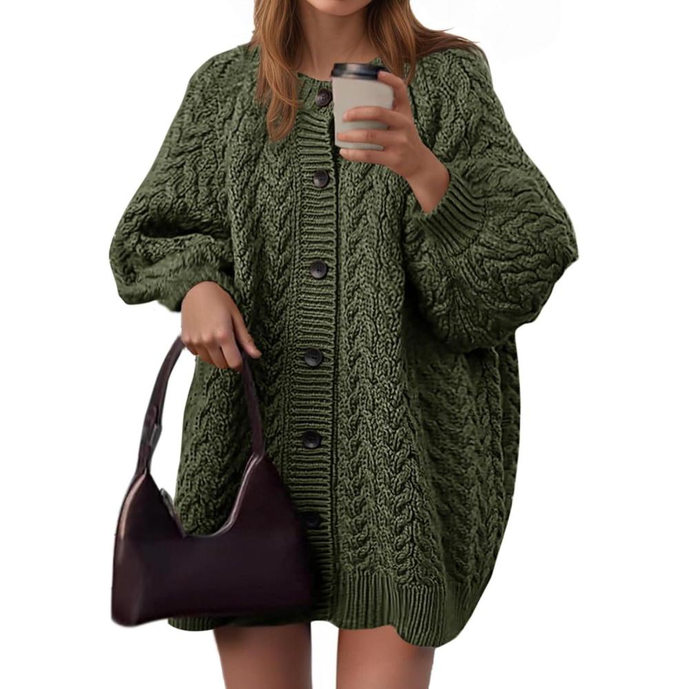 imageSaodimallsu Womens Cable Knit Cardigans Oversized Chunky Button Down Long Lantern Sleeve Crew Neck Warm Sweater DressArmy Green