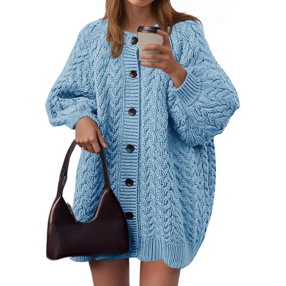 imageSaodimallsu Womens Cable Knit Cardigans Oversized Chunky Button Down Long Lantern Sleeve Crew Neck Warm Sweater DressBlue