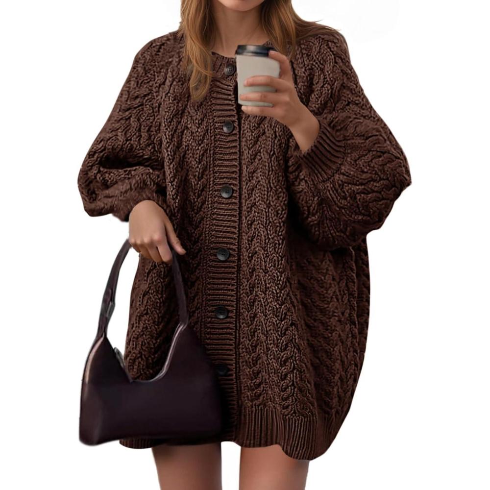 imageSaodimallsu Womens Cable Knit Cardigans Oversized Chunky Button Down Long Lantern Sleeve Crew Neck Warm Sweater DressCoffee