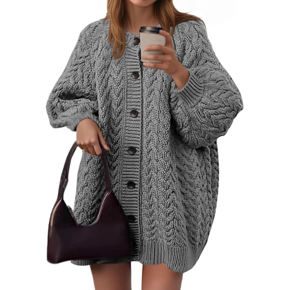 imageSaodimallsu Womens Cable Knit Cardigans Oversized Chunky Button Down Long Lantern Sleeve Crew Neck Warm Sweater DressGray