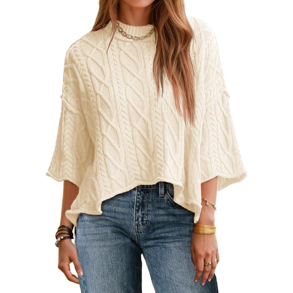 imageSaodimallsu Womens Cable Knit Cropped Sweaters Oversized 34 Sleeve Crew Neck Fall Casual Pullover TopsBeige