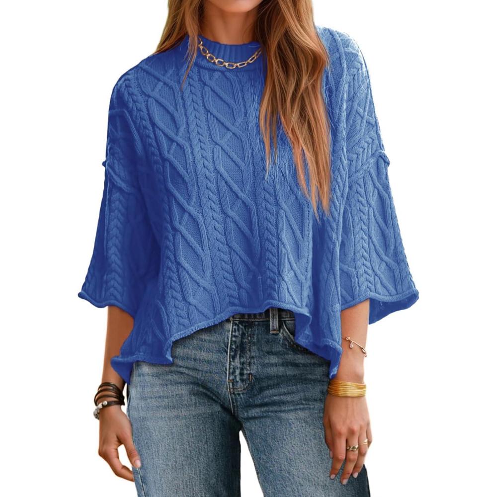 imageSaodimallsu Womens Cable Knit Cropped Sweaters Oversized 34 Sleeve Crew Neck Fall Casual Pullover TopsNavy Blue