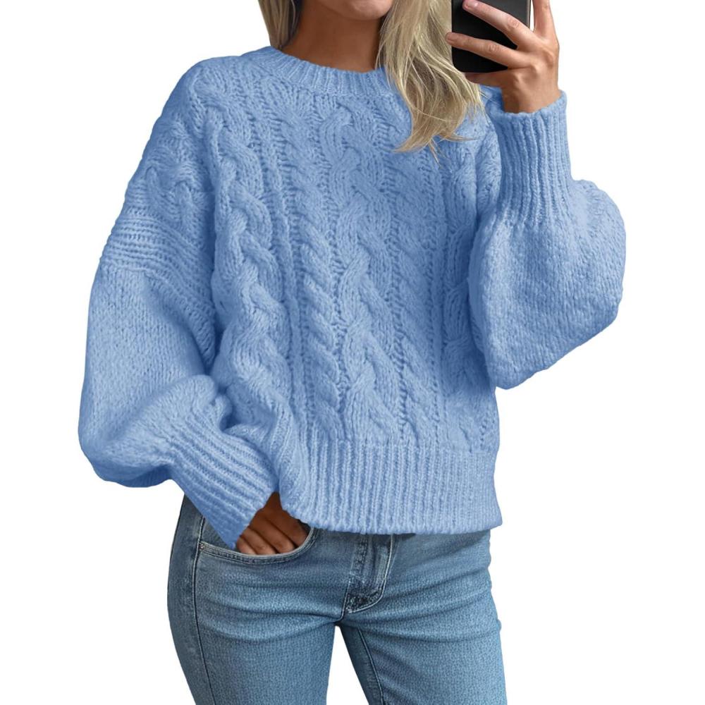 imageSaodimallsu Womens Cable Knit Sweaters Chunky Crew Neck Long Lantern Sleeve Casual Loose Fit Fall Trendy Pullover TopsBlue