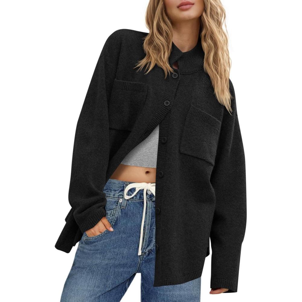 imageSaodimallsu Womens Collared Cardigans Button Down Fall Sweater Jackets Oversized Casual Long Sleeve Knit ShirtsBlack