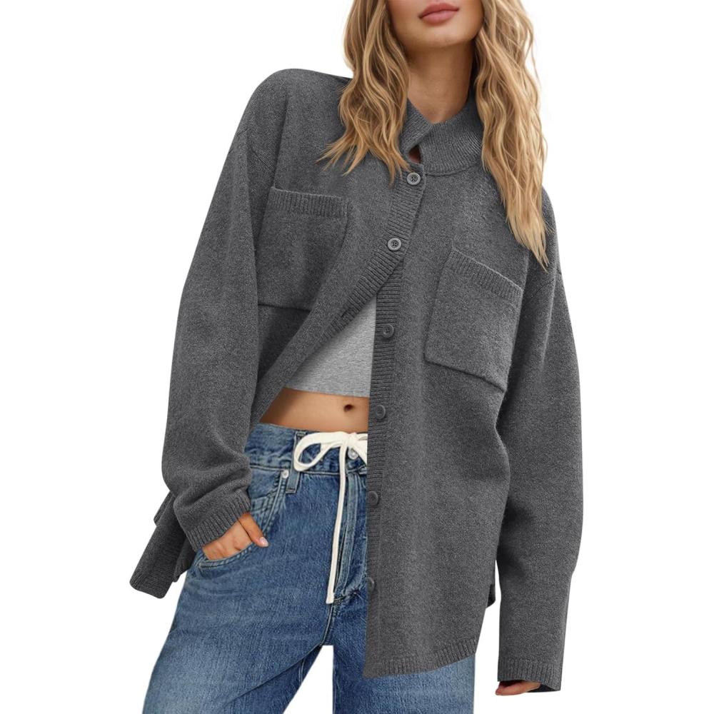 imageSaodimallsu Womens Collared Cardigans Button Down Fall Sweater Jackets Oversized Casual Long Sleeve Knit ShirtsDark Gray