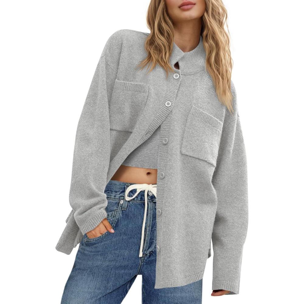 imageSaodimallsu Womens Collared Cardigans Button Down Fall Sweater Jackets Oversized Casual Long Sleeve Knit ShirtsLight Gray