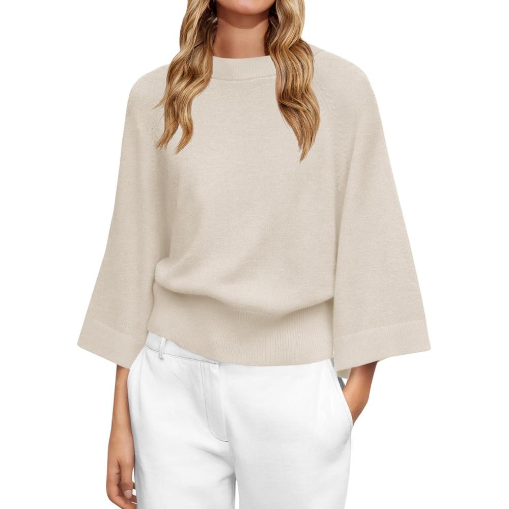 imageSaodimallsu Womens Crew Neck Batwing Sweaters 34 Sleeve Soft Knit Dressy Casual Loose Fit Fall Sweater TopsApricot
