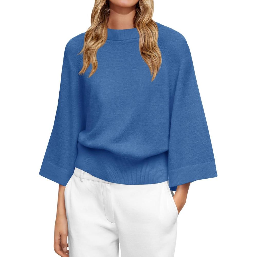 imageSaodimallsu Womens Crew Neck Batwing Sweaters 34 Sleeve Soft Knit Dressy Casual Loose Fit Fall Sweater TopsBlue