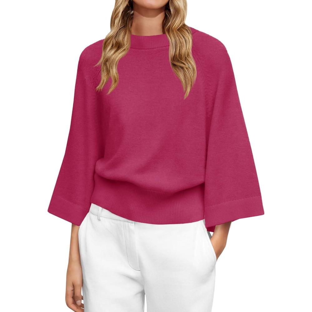 imageSaodimallsu Womens Crew Neck Batwing Sweaters 34 Sleeve Soft Knit Dressy Casual Loose Fit Fall Sweater TopsRose Red