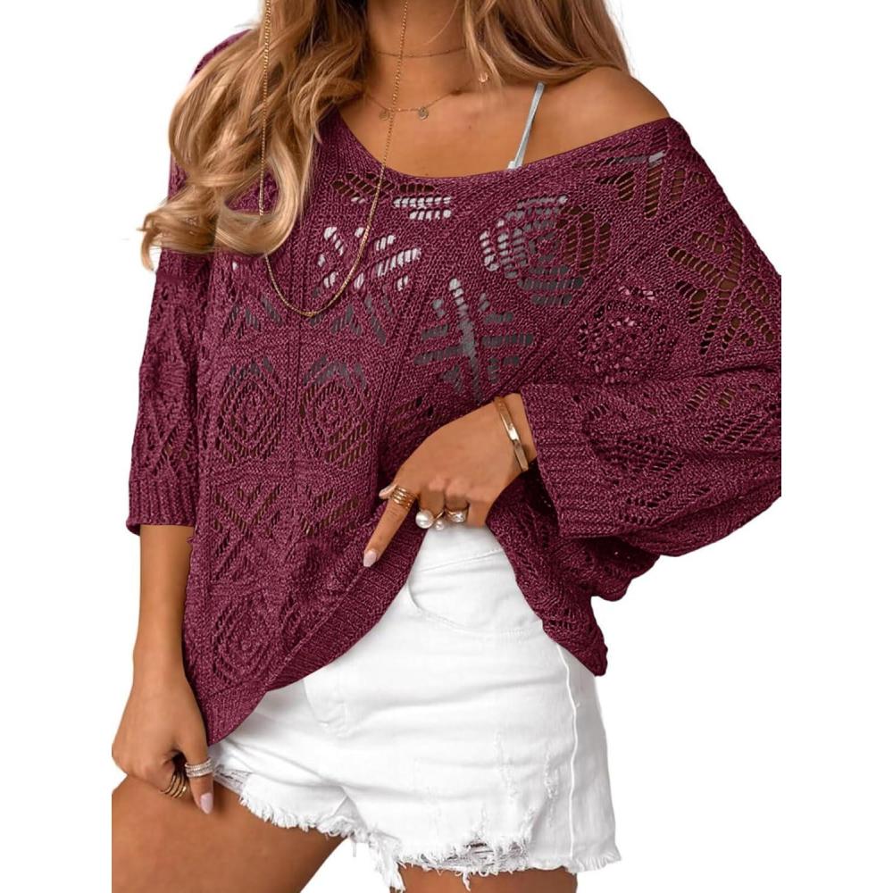 imageSaodimallsu Womens Crochet Cover Up Top Summer 34 Sleeve Off Shoulder Sweater Shirts Mesh Boho Beach Swimsuit CoverupFuchsia