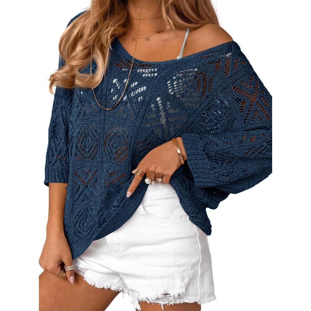 imageSaodimallsu Womens Crochet Cover Up Top Summer 34 Sleeve Off Shoulder Sweater Shirts Mesh Boho Beach Swimsuit CoverupNavy